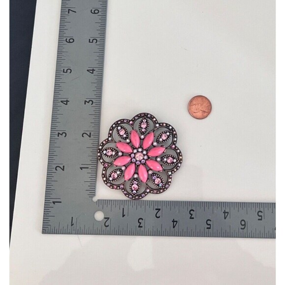 Vintage 1990s Joan Rivers Floral Brooch Pink Cabochon Crystal Copper Tone - 6E - Picture 5 of 5